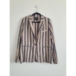 Audrey 3+1 Linen Blend Blazer Jacket Vertical Thick Stripe Size L Preppy Beige
